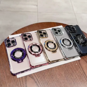 Magnetic Luxury Electroplated Clear Black Phone Case With Finger Spinner Stand Holder Black Silicone Shockproof Soft Cover Compatible With IPhone 16/16e/16 Pro/16 Pro Max/16 Plus/15/14/13/12/11/X/XS/XR/8/7 Galaxy S25/S24/S23/S22/S21/A55/A54/A53/A52/A35/