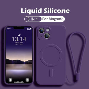 For Magsafe Magnetic Liquid Silicone Phone Case For iPhone 16 15 14 Plus 13 12 11 Pro Max Shockproof Silicone Soft Cover For iPhone 16 Pro Max All Inclusive Lens Protective Casing (With Sling Lanyard)