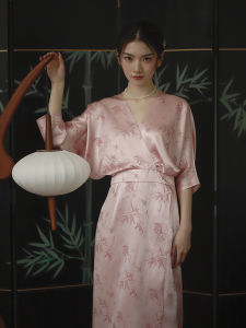 New Chinese Style Summer Fairy National Trend Bell Sleeve Pink Acetate Print Vacation Dress Ready to Wear Fortune Bag