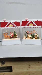 D&D #035 Glittery house with Red Roof Santa and his Reindeer Christmas Decoration