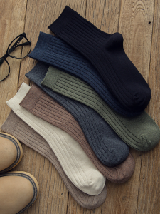 Pure Cotton Mens Mid-Calf Socks Anti-Odor Absorbent Business Style Winter Thickened Regular Fit Solid Color Home Comfortable