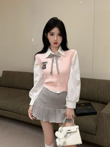 Sweet Girl Style Knitted Set Shirt And Vest Overlap Pink Half Skirt Two-Piece Suit for 18-25 Years Old Women Short Sleeve Polo Neck
