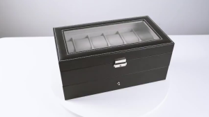 12 Slot PU Leather Lockable Watch Storage Boxes  2-Tier Jewelry Display Drawer Case with Glass Lid