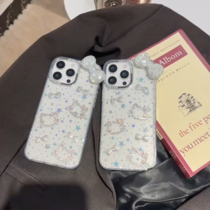 3D Rhinestone Bow Cartoon Cat Glitter Pink Star Transparent Case for iPhone 11 12 13 14 15 16 Pro Max Casing Diamond Fence Border Defense Hard Cover for iPhone 16 Case