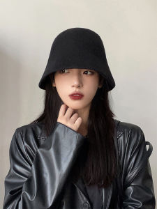 Womens Korean-Style All-Match Hat Autumn Winter Japanese Bucket Hat Black Face-Looking Small Bucket Hat Woolen Knitted Face-Covering Bucket Hat