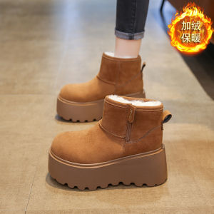 Womens Thick Bottom Snow Boots 2024 New Winter Martin Boots Fleece Lined Warm Cotton Shoes round Toe High Heel Short Tube