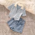 Girls Summer Outfit Set Zipper Short Sleeve Denim Shorts Casual Sweet Korean Style Children's Clothing Two-Piece Set Irregular Design. 
