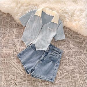 Girls Summer Outfit Set Zipper Short Sleeve Denim Shorts Casual Sweet Korean Style Childrens Clothing Two-Piece Set Irregular Design