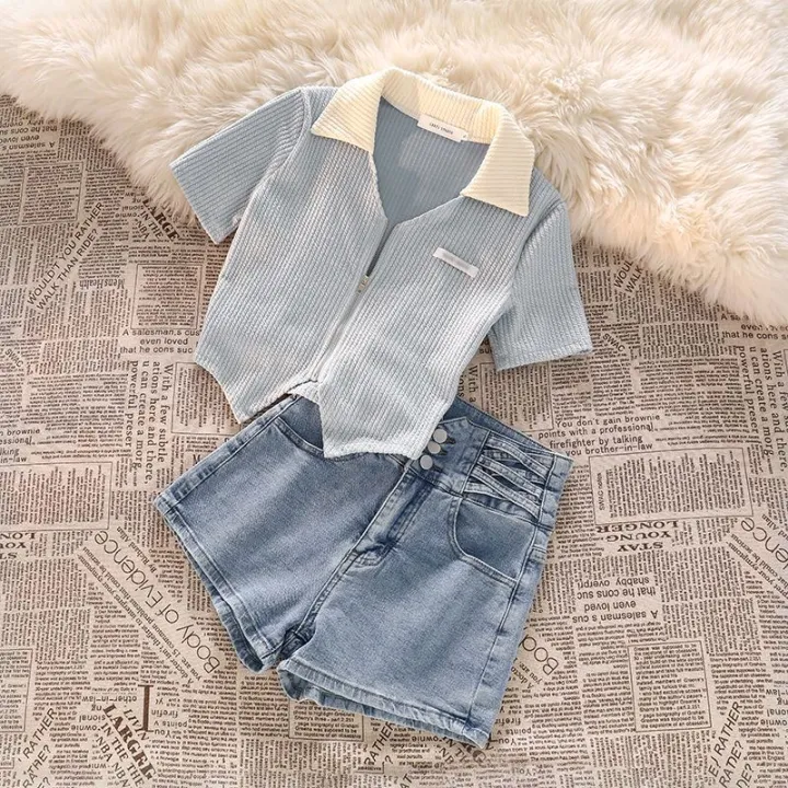 Girls%20Summer%20Outfit%20Set%20Zipper%20Short%20Sleeve%20Denim%20Shorts%20Casual%20Sweet%20Korean%20Style%20Children's%20Clothing%20Two-Piece%20Set%20Irregular%20Design%20-%20Image%207