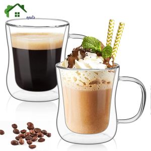 ถ้วยเอสเพรสโซ่แก้วกาแฟใสผนังสองชั้น1-4ชิ้นพร้อมที่จับสำหรับเครื่องดื่มร้อนเย็นๆชุดเครื่องดื่มไวน์น้ำผลไม้นม