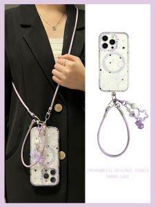 Attracting Magnetic Purple Star Heart Charm Phone Case for Apple 16Promax Iphone 15Promax with Lanyard Cute Crossbody Cover
