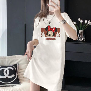 plus Size Extended Length Pure Cotton Short Sleeve Womens T-Shirt Summer Loose Midi Cartoon Printed Dress Comfortable Casual Top