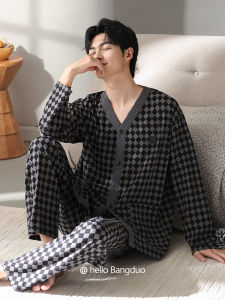 Mens Pure Cotton Long Sleeve Sleepwear Thin Autumn Winter Home Clothes V-Neck Printed Long Pants Comfortable Breathable