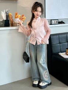 New Chinese Style Childrens Outfit Spring Autumn Girls Big Size Jeans with Button Detail Traditional Cheongsam for Kids