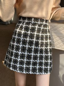 High Waist A-Line Mini Skirt Womens Preppy Style Checkered Elegant High Waist Short Skirt Fashionable Autumn New Arrival