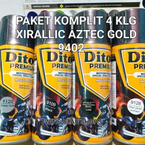 Pilok Cat Diton Premium Paket Komplit 4 Kaleng 400cc Aztec Gold XP9402 9402 Primer Grey Epoxy 9120 Black 9109 Clear Glossy 9128 Xirallic Xiralic Emas Pilox Cat Semprot Paketan Lengkap