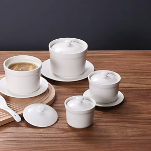 Pure White Ceramic Soup Pot for Kitchen Home Use Single Person Portion Swallows Nest Small Soup Pot with Lid Spoon
