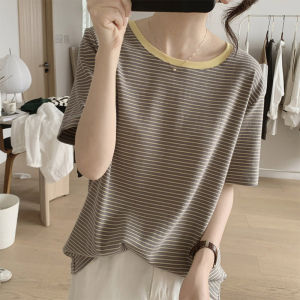 Korean Color Block Stripe Short Sleeve round Neck Loose Casual Versatile Womens T-Shirt Summer Sun Protection Base Shirt Top