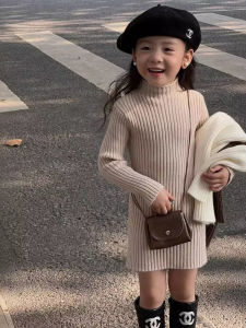 Korean Style Childrens Long Knitted Dress for Autumn and Winter