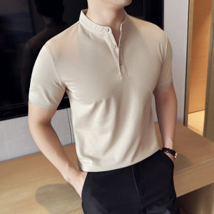New Chinese Style Slim Fit Short Sleeve Polo Shirt Ice Silk Half Sleeve Small Stand Collar T-Shirt Fashionable Summer Top for Men