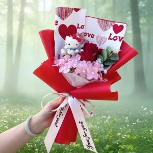 Sanrio | Hello Kitty With Artificial Roses Flowers Creative Handmade Bouquet New Year Birthday Valentine Christmas Graduation Gift