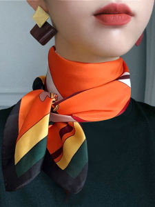 Womens Silk Scarf Orange Versatile Winter Fashion Korean Style Printed Polyester Small Square Scarf Multi-Functional Accessory