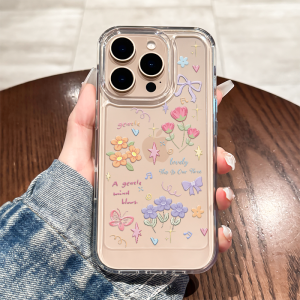 16Pro Max Phone Case Women Full Cover Flower Butterfly Knot Transparent Anti-Fall High-End Feeling Protective Shell for