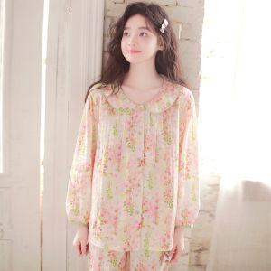 Sweet  Cute Doll Collar Womens Sleepwear Cotton Gauze Long Sleeve Long Pants Set Spring Home Clothes Can Be Worn Outdoors