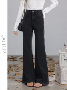 YOUXIANG | Quần Jeans Đen Phong Cách Retro Dây Nịt Cao Giúp Gầy