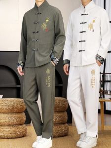 New Chinese Style Mens Jacket Loose Casual Tunic Top with Button Design Woodpecker Pattern Printed Polyester Fiber Autumn Wear