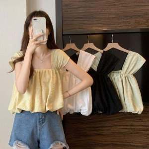 Chic Summer Lightweight Womens Collared Bubble Sleeve Top High End French Style Sweet Doll Top Single Piece Work Clothing