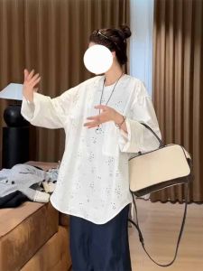 plus Size Womens T-Shirt round Neck Hollow out Long Sleeve Autumn Top Micro Plump Design Korean Style Commute Fashion