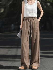 Basic House | Khaki 100% Linen Wide-leg Casual Pants