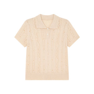 Lace Hollow-out Polo Collar Knit Short Sleeve Blouse