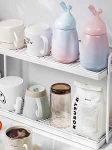 Huijuya Double Layer Cup Rack Drain Plate Kitchen Dining Table Glass Cup Tea Cup Coffee Water Cup Storage Shelf Metal Material