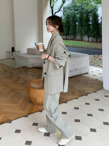 Gray Green Suit Set Womens Casual High Waist Wide Leg Pants Two Piece Set Fashionable Autumn Collection Quality Material