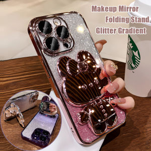 NORVIK Makeup Mirror Phone Case with Rabbit Folding Bracket Stand Glitter Gradient Plating Soft Casing Cover for OnePlus 11 5G Nord CE 3 Lite  Nord 3 Ace 2V 5G I50-1