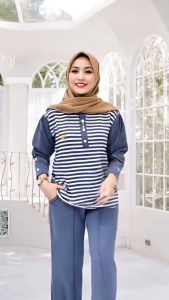 Baju Setelan One Set Setelan Wanita Dewasa Olila Set Jumbo Set Salur Kombinasi Bawahan Celana Polos