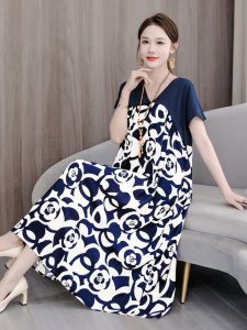 Váy Voan Cotton Cao Cấp Mùa Hè Cho Mẹ Trung Niên Cỡ Lớn Rộng Rãi Che Bụng Thon Gọn Thanh Lịch Váy Dài Vừa Phải Cổ Chữ V