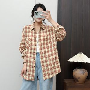 Womens Cotton Long Sleeve Shirt Loose Casual Korean Style Plaid Thin Outerwear Autumn Season Fashion Comfortable Fit Shirt