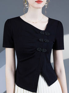 Short Sleeve Knitted T-Shirt Slant V-Neck Dancewear Casual Summer New Style Chinese Button up Top Slim Fit Pure Color Fashion