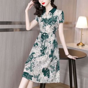 Floral Print Short Sleeve Womens Dress Elegant Fashionable A-Line Skirt Style Summer New Arrival Casual Chic Suit Collar Design