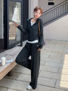 Deep Grey Korean Style Hoodie Set Womens Autumn New Wide Leg Pants Two Piece Set Fashionable Casual Outfit High Waist Trousers
