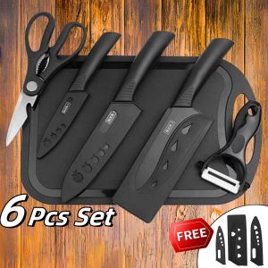 6In1 Japanese Knife Set With Chopping Board Slicing Knife Knives Set Stainless Steel Cleaver Slicing Utility Chef Knife Scissors Peeler Fruit Slicer Fish Meat Cleaver Outdoor Cooking Cutting Board 6 Piece Household Kitchen Knife Set Picnic Knife BBQ Tools