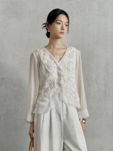 Sleeve Silk Blouse with 3D Floral Applique and Ruffle Hem