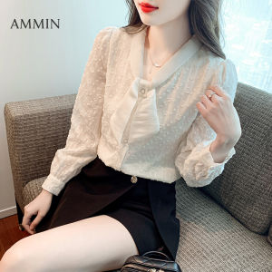 AMMIN เสื้อเบลาส์แขนเสื้อสไตล์เกาหลีแขนยาวผ้าชีฟองคอวีลายดอกไม้เสื้อเบลาส์สวยหวานแหวววว2023ฤดูใบไม้ร่วง