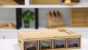 Bamboo Cutting Board With 4 Drawer Tray and 4 Graters Modern Home Chopping Board Vegetables Fruits Cutter and Slicer Potatoes Fries Cutter Food Storage Box With Lids Kitchen Wooden Utensils Set