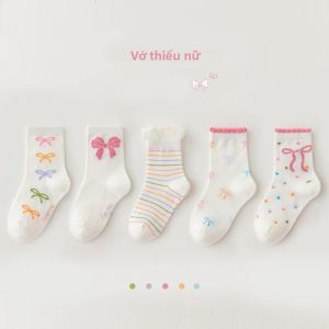 5 Đôi Tất Trẻ Em Bé Gái Thắt Nơ Giữa Bắp Chân Tất Cotton Chải Kỹ Chắc Chắn Thoáng Khí Thoải Mái Tất Trẻ Em Cho Bé Gái Từ 1-12 Tuổi