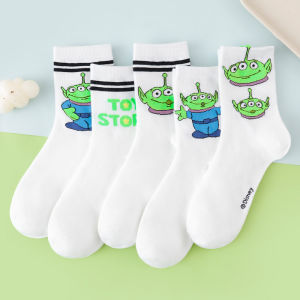Disney | 5 Pairs of Disney Toy Story Alien Male Crew Socks Cute Cartoon Printed Cotton Couple Casual Socks for Teenagers
