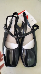 SHUTA Stylish black Mary Jane slingback heels with rubber upper glossy black finish suitable for office and everyday wear
